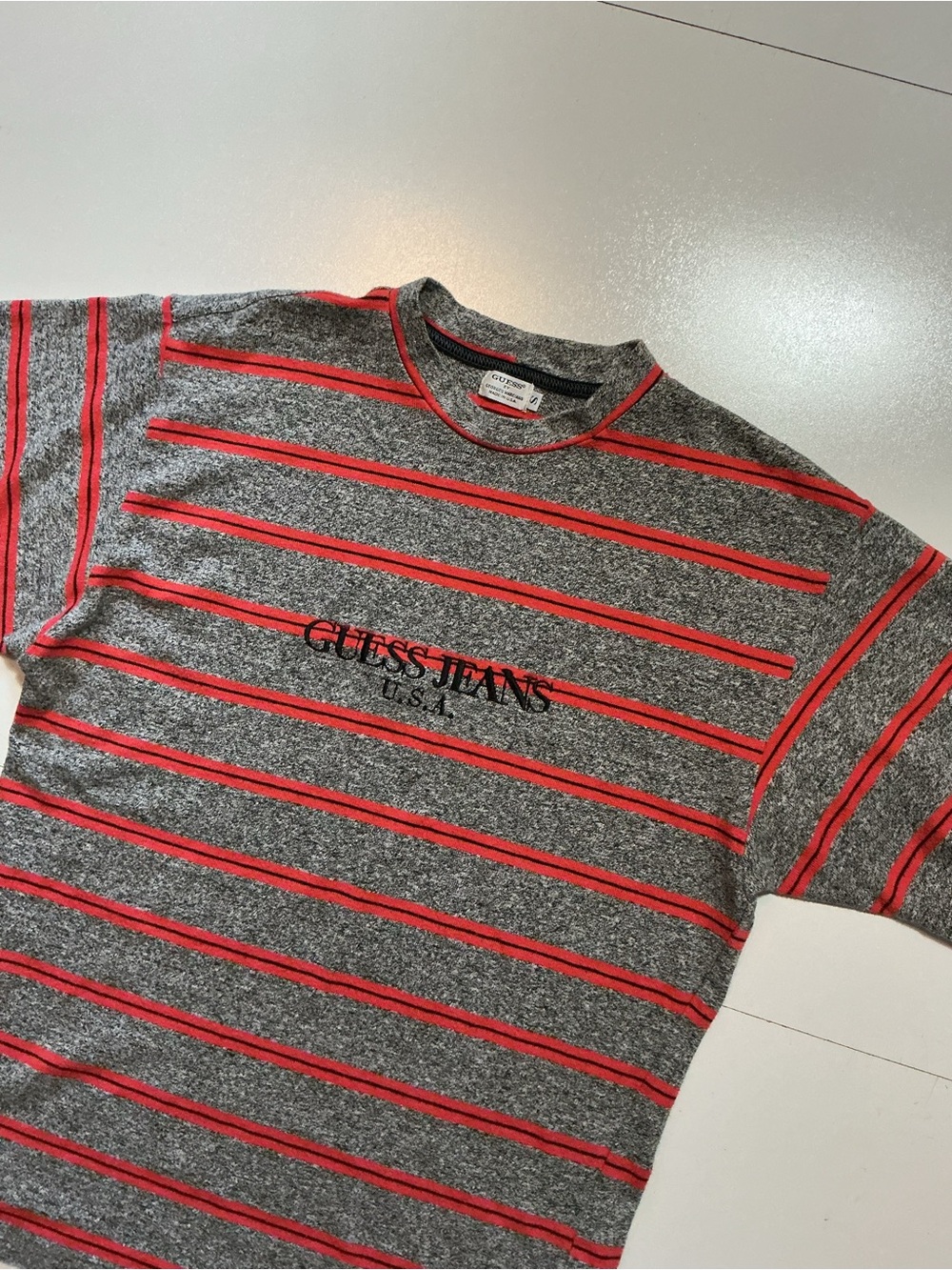 Vintage 90s Guess Jeans By Georges Marciano Striped Spellout Made In USA T-Shirt - Picture 3 of 7